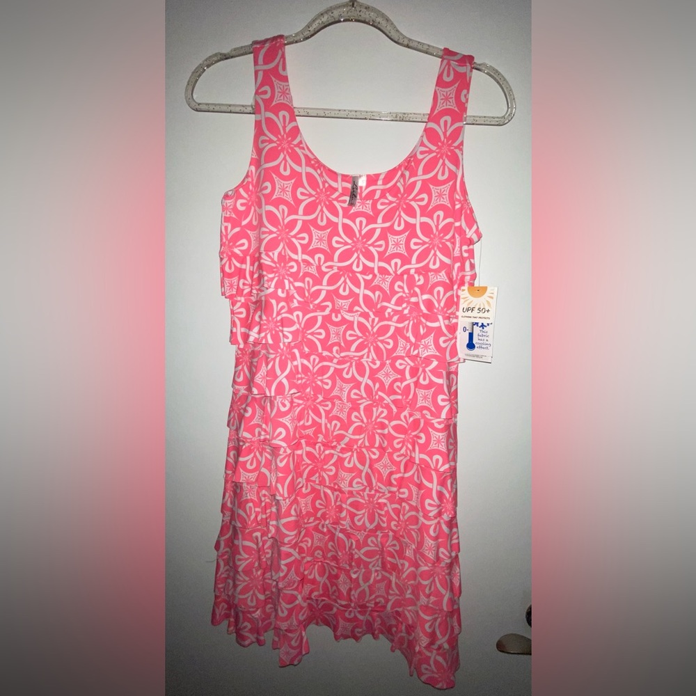 NWT LULU-B Orange & White Floral CHA CHA Ruffle Dress Size S Small Cool SPF 50+